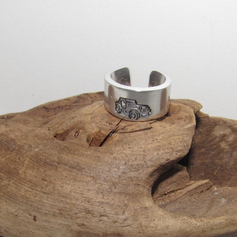 Pewter silver Off road truck ring, rock climber ring, Personalized Adjustable stamped ring, stamped truck jewelry, boho ring, view 2