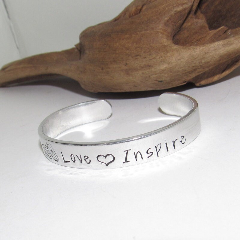 Teachers cuff bracelet , teach love and inspire bracelet, gift for teacher, hand stamped jewelry, personalized bracelet, view 3