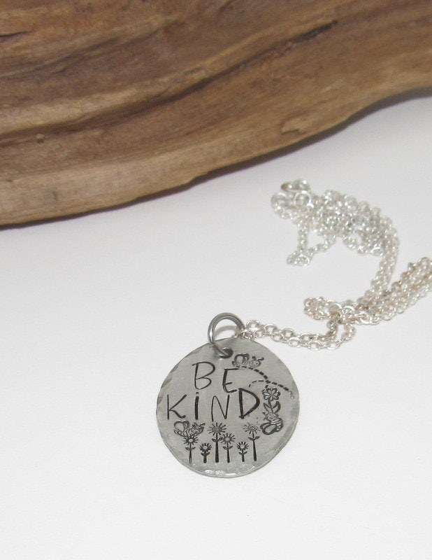 Pewter Be Kind necklace,reminder necklace, personalized jewelry for mom, Mothers custom hand stamped jewelry, view 4