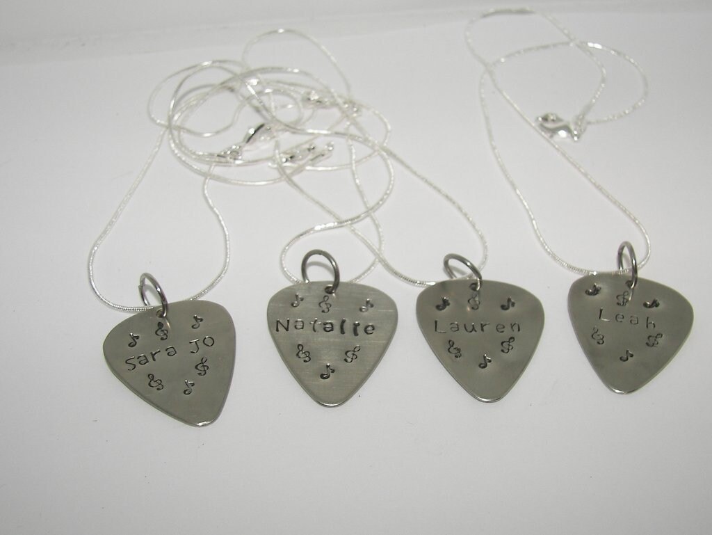 personalized guitar pick necklace , custom hand stamped jewelry , musician gift , pick your wording necklace, handstamped jewelry, view 4