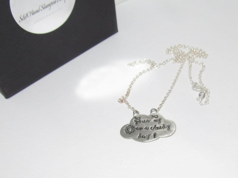 You are my sunshine on a cloudy day necklace, personalized pewter silver stamped jewelry, custom stamped jewelry, mother daughter necklace, view 7