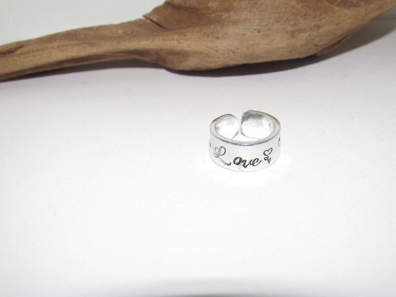 Love flower Adjustable stamped ring, Love heart aluminum ring, inspiration rings, adjustable silver ring, stamped jewelry,, view 5