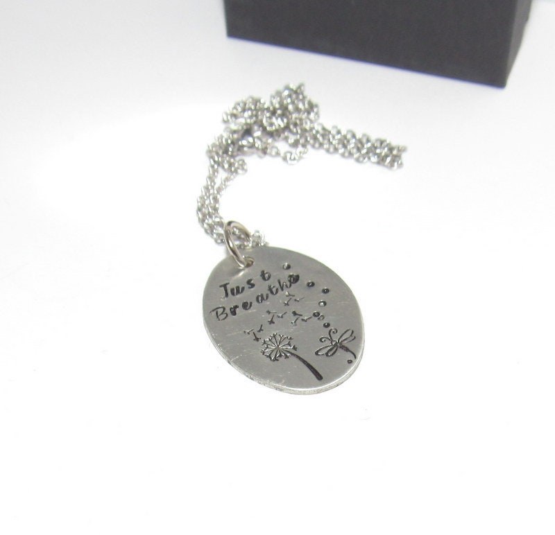 Just breathe dandelion necklace, dragonfly necklace, personalized jewelry for mom, Mothers custom hand stamped jewelry, handstamped jewelry, view 3