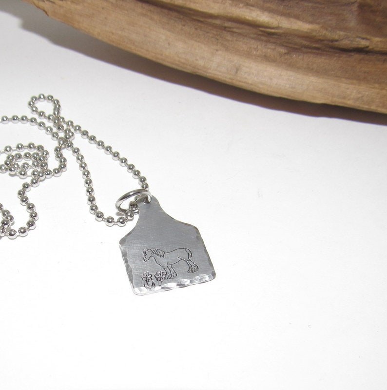 Clydesdale horse Cow tag necklace , personalized necklace pendant, horse lover gift, western jewelry for her, pendant necklace