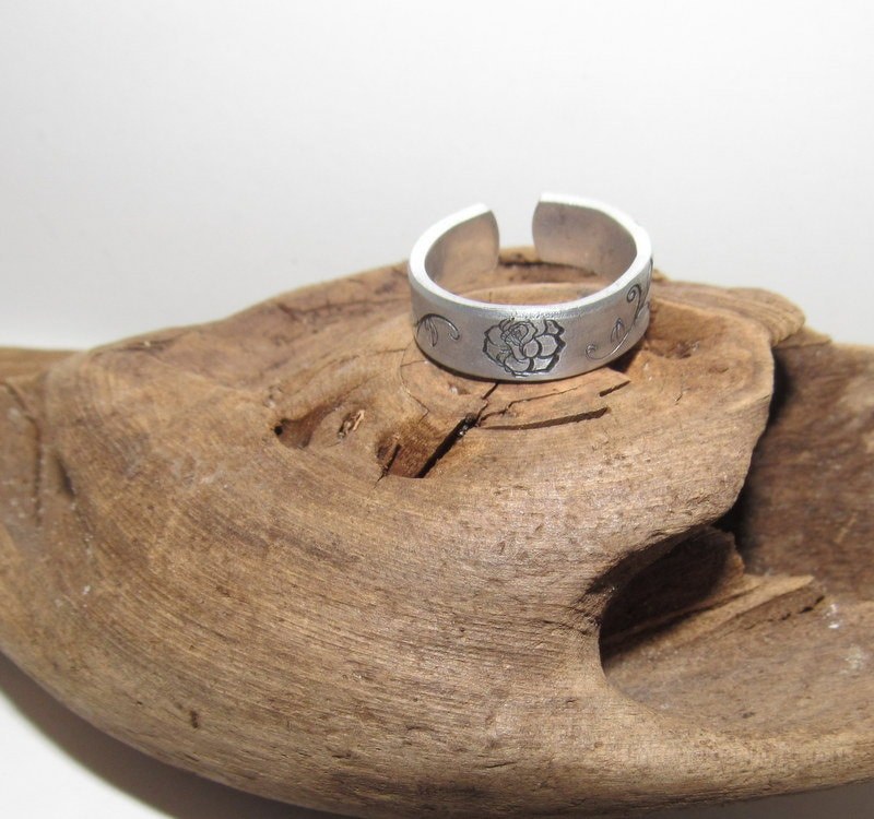 adjustable rose ring birth flower ring, stamped ring, hand stamped jewelry , custom ring, personalized ring, view 6