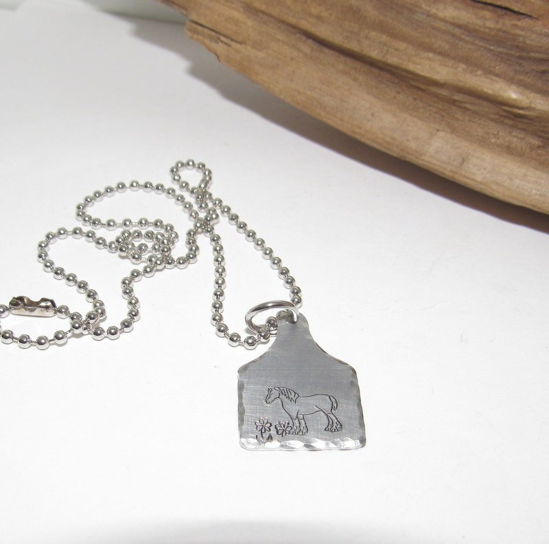 Clydesdale horse Cow tag necklace , personalized necklace pendant, horse lover gift, western jewelry for her, pendant necklace, view 4