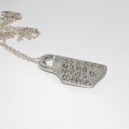 Mama needs coffee hand stamped pewter necklace, personalized coffee lover gift, custom stamped gift for mom, morning coffee gift