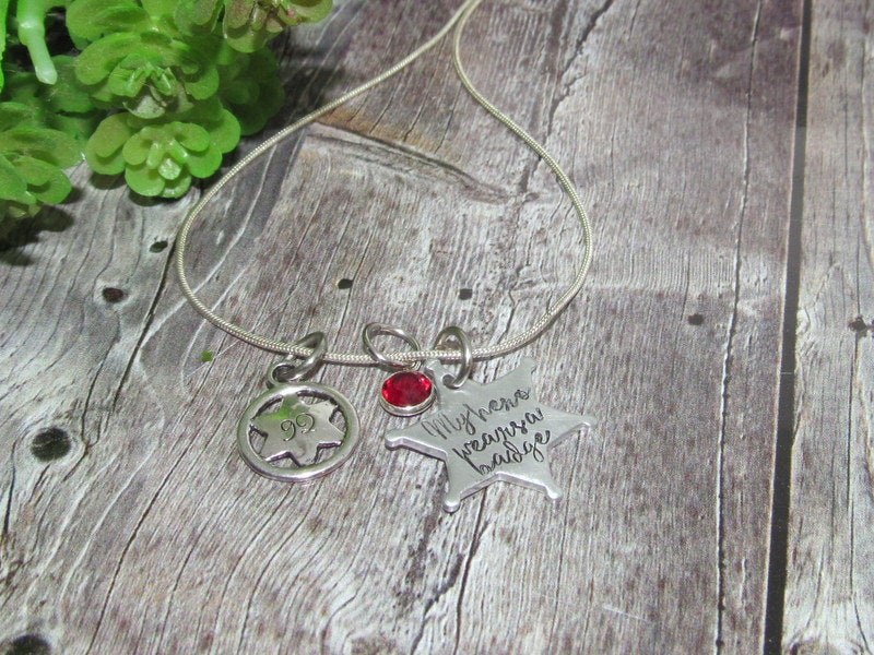 My Hero wears a badge, Deputy wife necklace, gift for law enforcement wife, wife of a deputy gift, blue line support jewelry, view 4