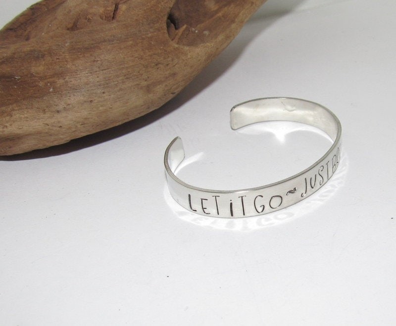 Let go just breath affirmation cuff bracelet, pewter jewelry, best friend gift, personalized bracelet for her, handstamped jewelry, view 3