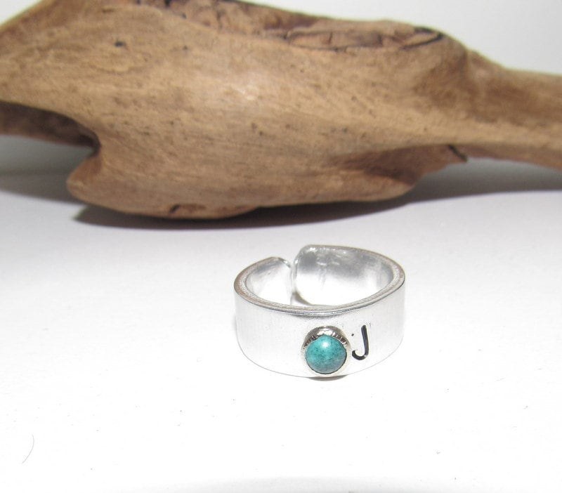 Adjustable initial ring with faux turquoise stone, aluminum initial ring, hand stamped ring, western ring, personalized gift