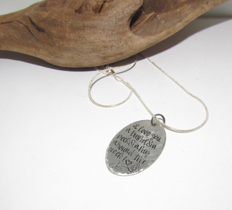 Pewter I love you a bushel and a peck & a hug around the neck necklace, personalized jewelry for mom, Mothers custom hand stamped jewelry, view 3