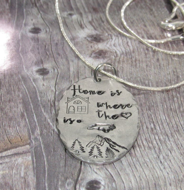 Pewter Home is where the heart is necklace, personalized jewelry for mom , Mothers custom hand stamped jewelry, handstamped jewelry