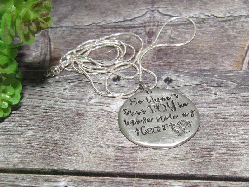 SoThere's This Boy Who Stole My Heart, pewter mom necklace with kids names, Personalized custom hand stamped jewelry gift for grandma