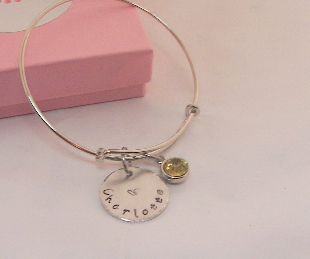 adjustable bangle charm bracelet with kids names and birthstones, personalized hand stamped jewelry bangle, custom handstamped jewelry, view 5