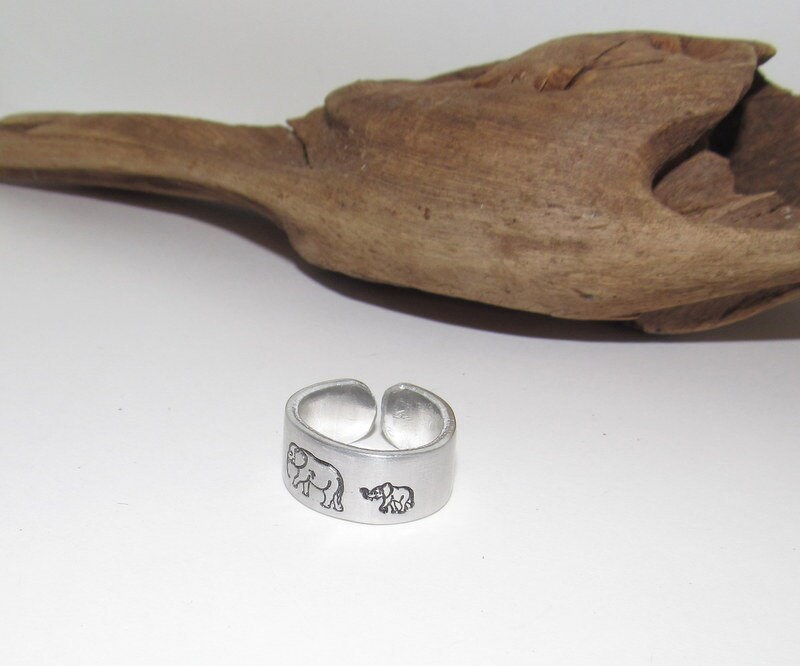 Momma elephants Adjustable stamped ring, baby elephants love aluminum ring, inspiration rings, adjustable silver ring, stamped jewelry,