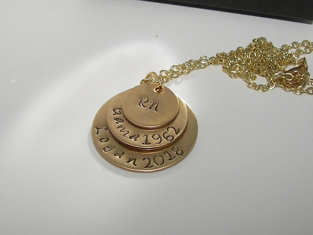 3 layer mothers necklace in brass nugold, nurse graduration gift, custom hand stamped jewelry , personalized jewelry necklace for her