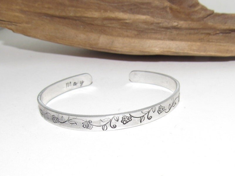 May skinny Birth flower bracelet, Mothers day gift, stamped personalized jewelry, brides maids gifts, nature flower jewelry