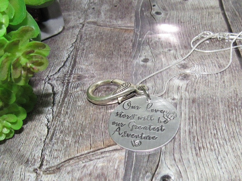 Our love story personalized Ring holder necklace , mother to be gift, hand stamped new mom or mommy to be necklace handstamped jewelry, view 3
