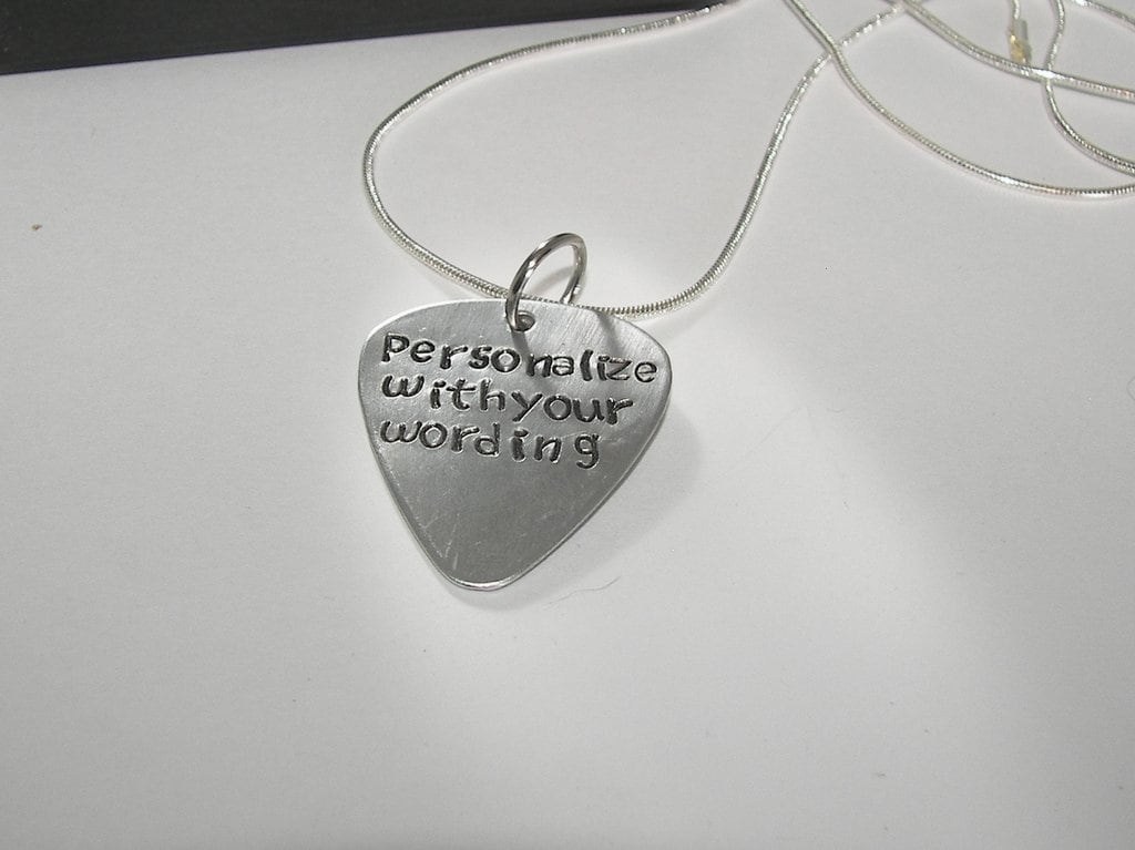 personalized guitar pick necklace , custom hand stamped jewelry , musician gift , pick your wording necklace, handstamped jewelry, view 2