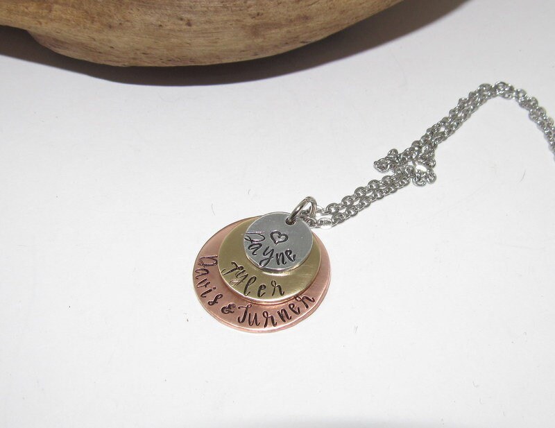 3 layer mothers necklace with kids names, custom hand stamped jewelry , personalized jewelry necklace for her, handstamped jewelry, view 3