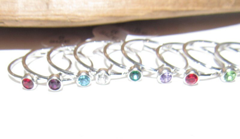Kids birth stone ring, skinny stacking rings , personalized birth month ring, birthstone stacking ring, view 5