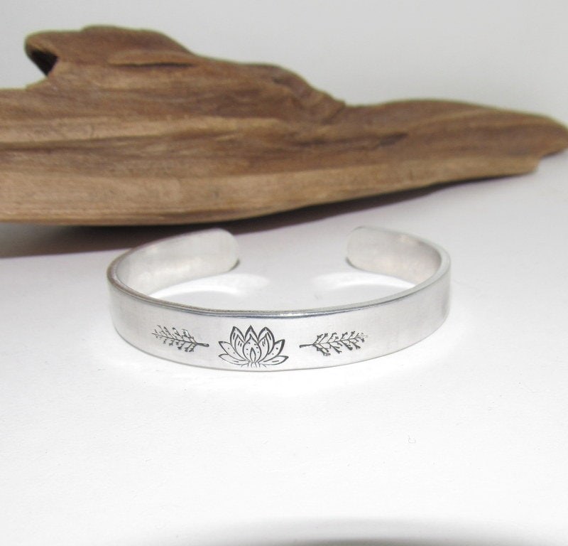 Sterling silver Lotus flower bracelet, Personalized plant Adjustable stamped cuff bracelet, pewter cuff, stamped jewelry,