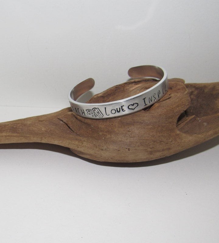 Teachers cuff bracelet , teach love and inspire bracelet, gift for teacher, hand stamped jewelry, personalized bracelet, view 4