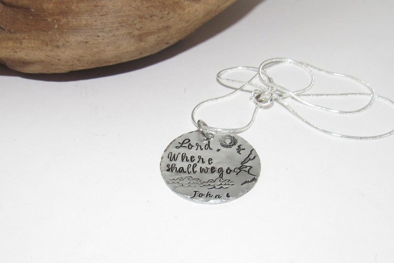 John 6 lord where shall we go necklace, Spiritual personalized jewelry for mom, Bible quote necklace, Mothers custom hand stamped jewelry, view 2