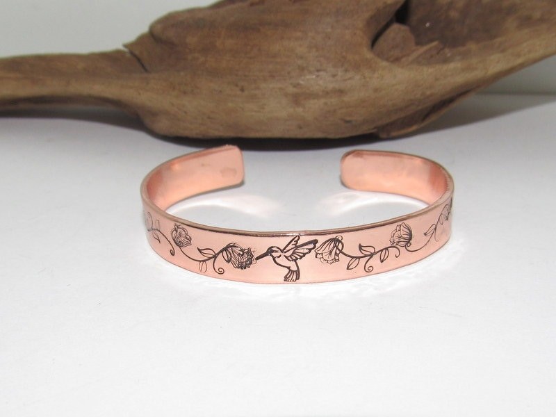 ready to ship copper humming bird bracelet, stamped jewelry, personalized gifts for brides maids, nature flower jewelry, view 9