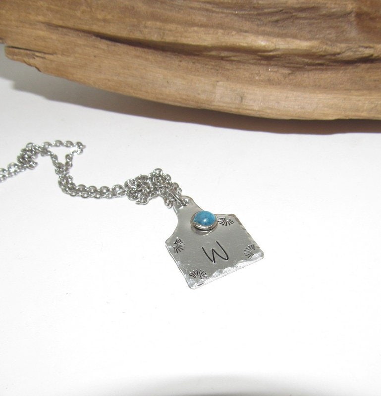 Personalized Initial Cow tag necklace with faux turquoise for her, horse lover gift, western jewelry for her, pendant necklace, view 8