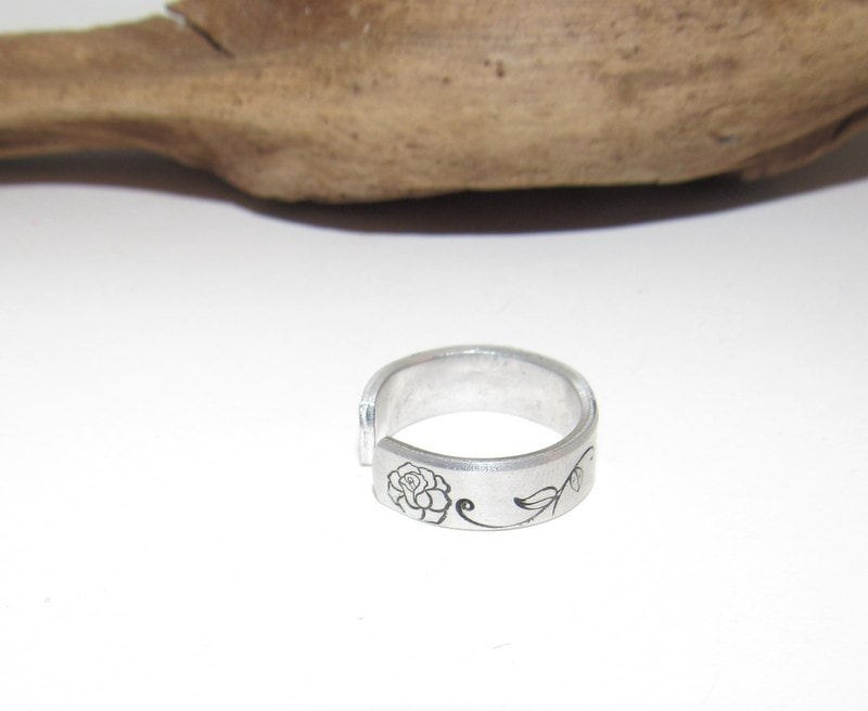 adjustable rose ring birth flower ring, stamped ring, hand stamped jewelry , custom ring, personalized ring, view 4