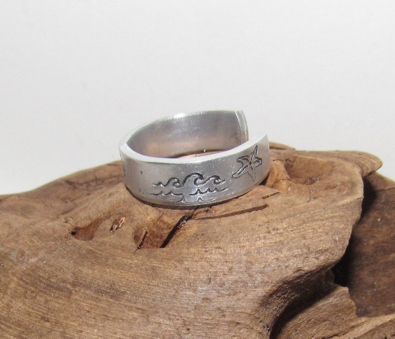 beach theme ring, Personalized Adjustable stamped ring, turtle lover stamped jewelry, boho beachring, view 7