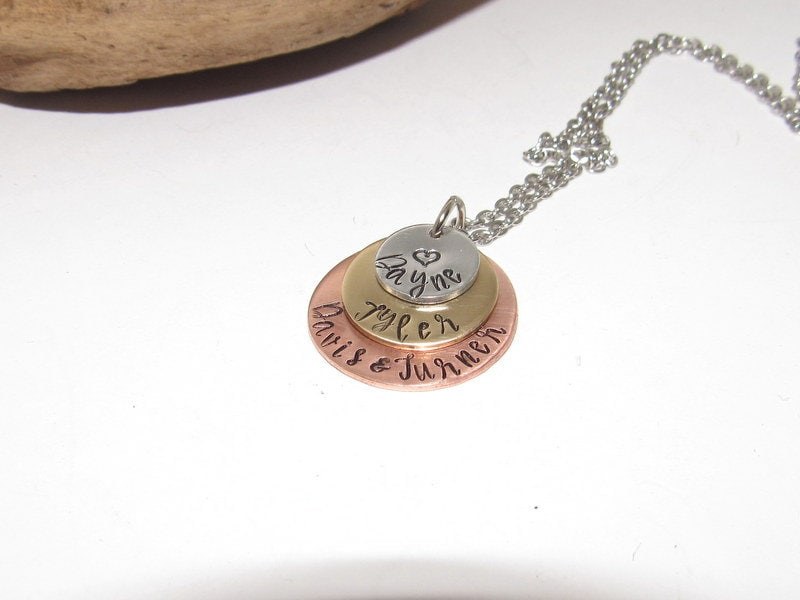 3 layer mothers necklace with kids names, custom hand stamped jewelry , personalized jewelry necklace for her, handstamped jewelry, view 5