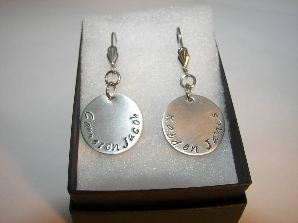 custom gold earrings for mom, personalized bridal earrings, hand stamped dangle drop earrings, handstamped jewelry, view 6