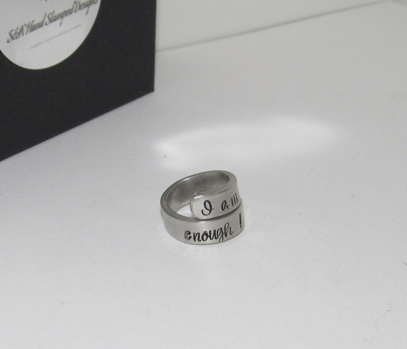 I am enough pewter wrap ring, daily inspiration rings, pewter wrap ring, stamped jewelry , personalized rings, custom rings, view 2