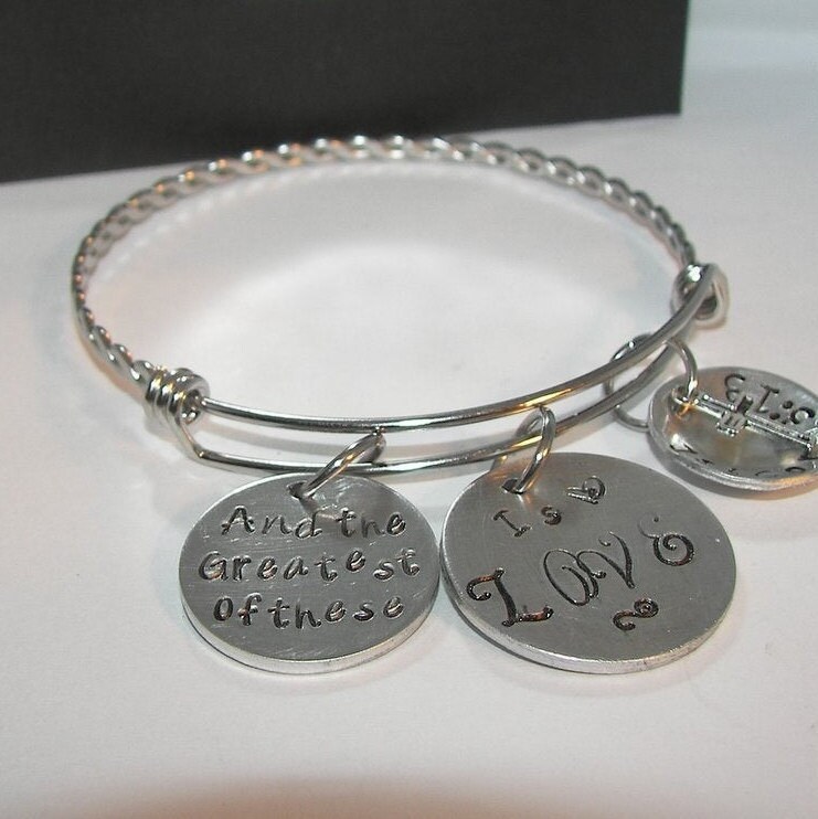 And the greatest of these is love, adjustable bangel hand stamped jewelry inspirational personalized jewelry, corth 13 :13