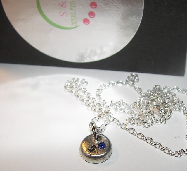 Personalized pewter tiny initial necklace with birthstone, kids name necklace, mothers initial necklace, custom hand stamped jewelry, view 2