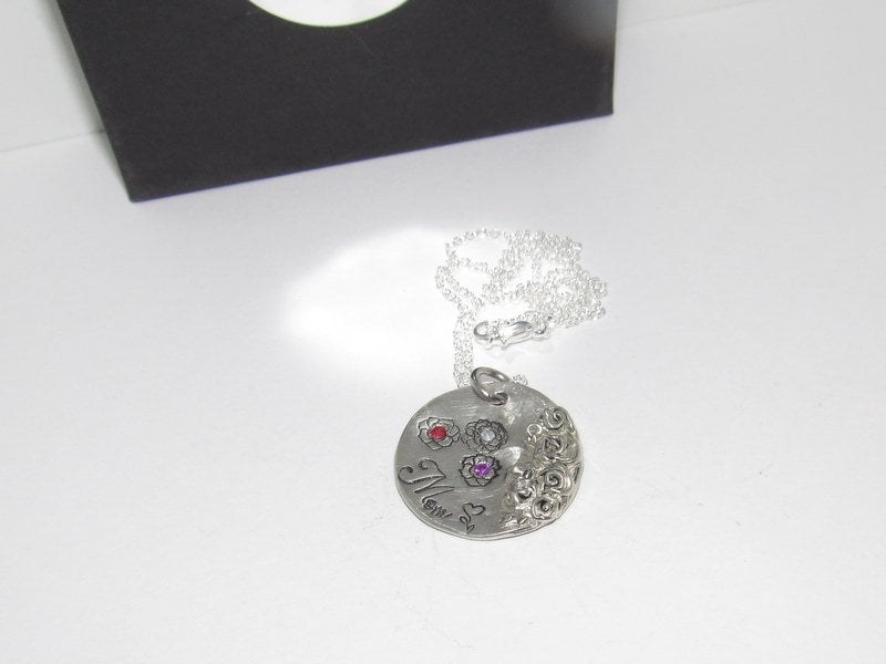 Personalized mom necklace with birthstone, Pewter family charm necklace, mothers jewelry, custom hand stamped jewelry gift for grandma, view 2