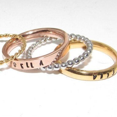 rose gold ring, skinny stacking name ring, custom personalized kids name jewelry, hand stamped jewelry for mom, Anniversary gift for mom, view 2