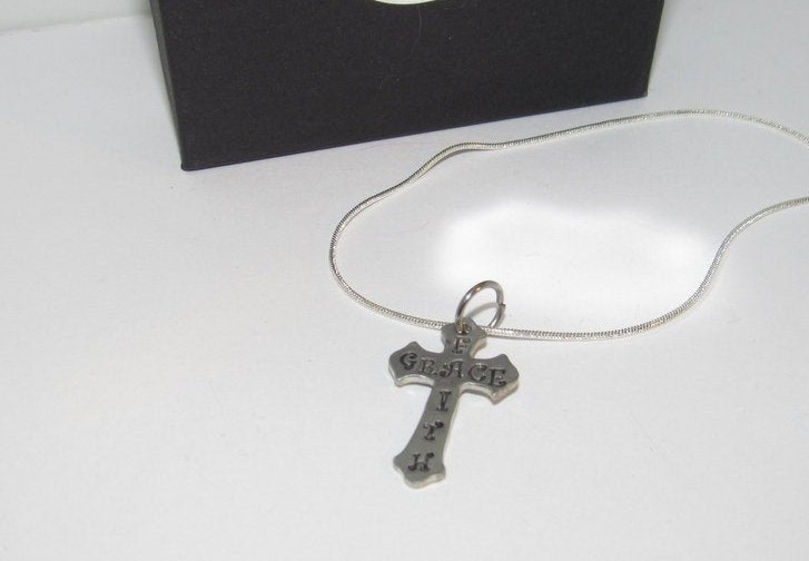 personalized Faith cross necklace, personalized cross jewelry, custom stamped Faith gift for mom, best friend encouragement gift, view 5