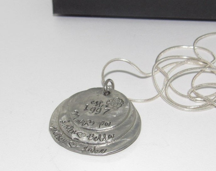 3 layer pewter mothers necklace with kids names, grandmothers necklace , custom hand stamped jewelry , personalized jewelry