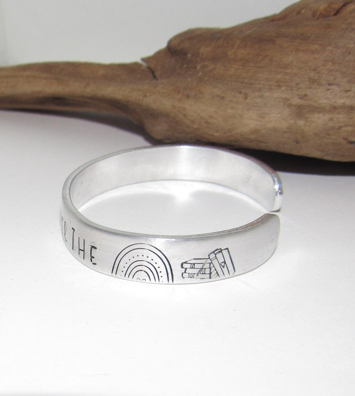 Pewter Books can take us over the rainbow, Personalized Adjustable stamped cuff bracelet, pewter cuff, stamped jewelry,, view 3
