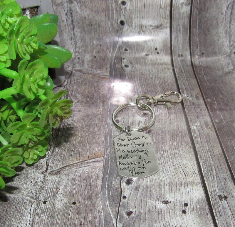 Pewter So there's this boy that stole my heart they call me mom, Key ring with kids names, custom personalized hand stamped jewelry, view 5