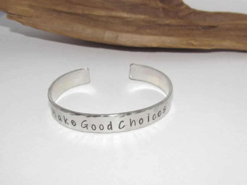 Make good choices cuff bracelet, pewter jewelry, graduation gift , best friend gift, personalized bracelet for her or him, stamped jewelry, view 2