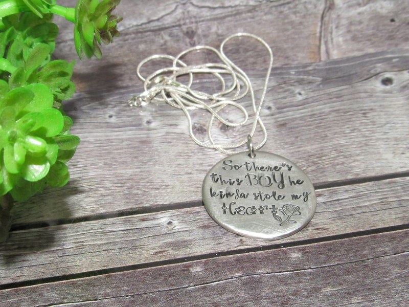 SoThere's This Boy Who Stole My Heart, pewter mom necklace with kids names, Personalized custom hand stamped jewelry gift for grandma, view 9