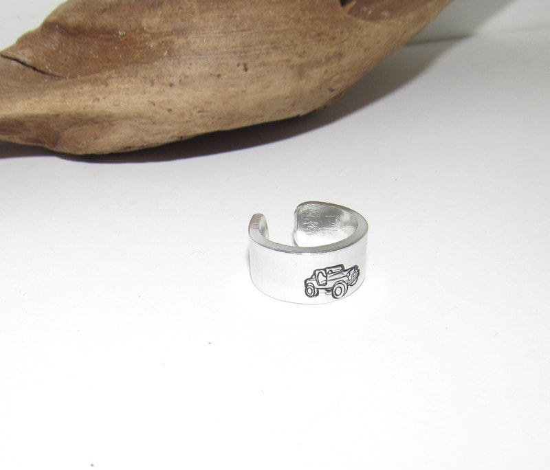 Pewter silver Off road truck ring, rock climber ring, Personalized Adjustable stamped ring, stamped truck jewelry, boho ring, view 5