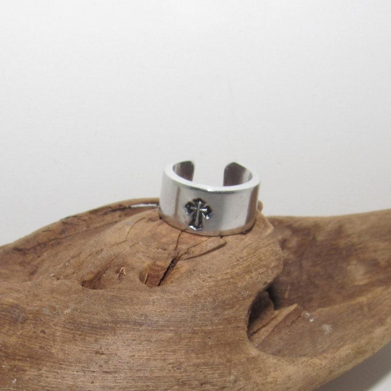 silver aluminum cross ring, rock climber ring, Personalized Adjustable stamped ring, stamped cross jewelry, boho ring, view 4