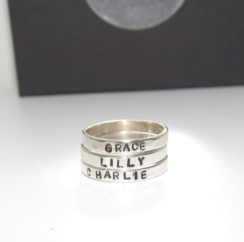 Sterling silver skinny stacking name ring, custom personalized kids name jewelry, hand stamped jewelry for mom, Anniversary gift for mom, view 2