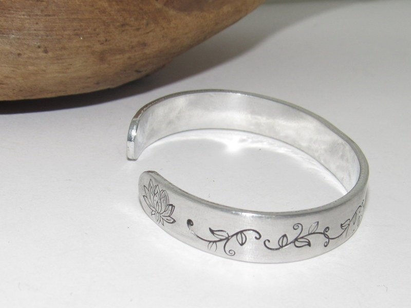 Sterling silver Lotus flower bracelet, Personalized plant Adjustable stamped cuff bracelet, pewter cuff, stamped jewelry,, view 3