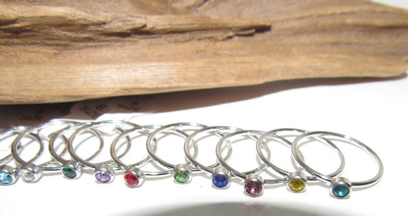 Kids birth stone ring, skinny stacking rings , personalized birth month ring, birthstone stacking ring, view 3